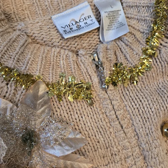 Upcycled Christmas Sweater L Gold Fair Isle Cardigan Snowflakes Poinsettias - Picture 2 of 5